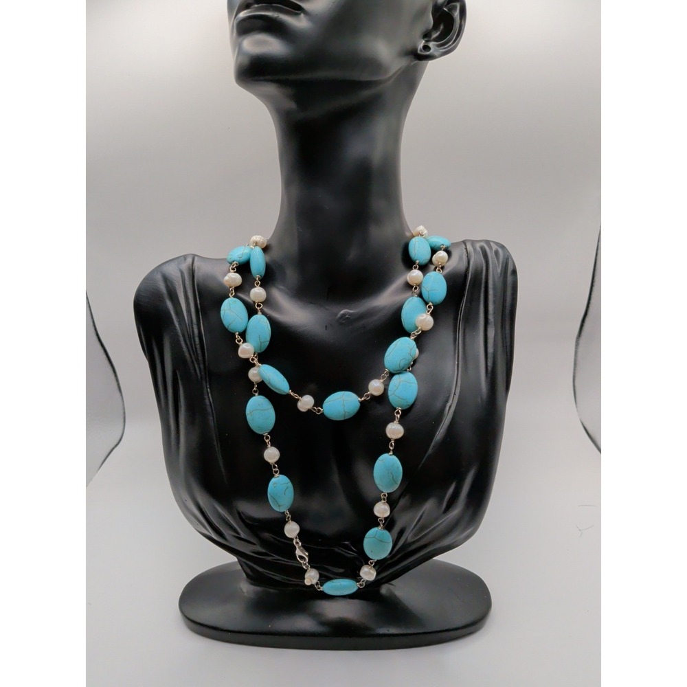 Vintage Long Strand Necklace With Faux Turquoise And Pearls